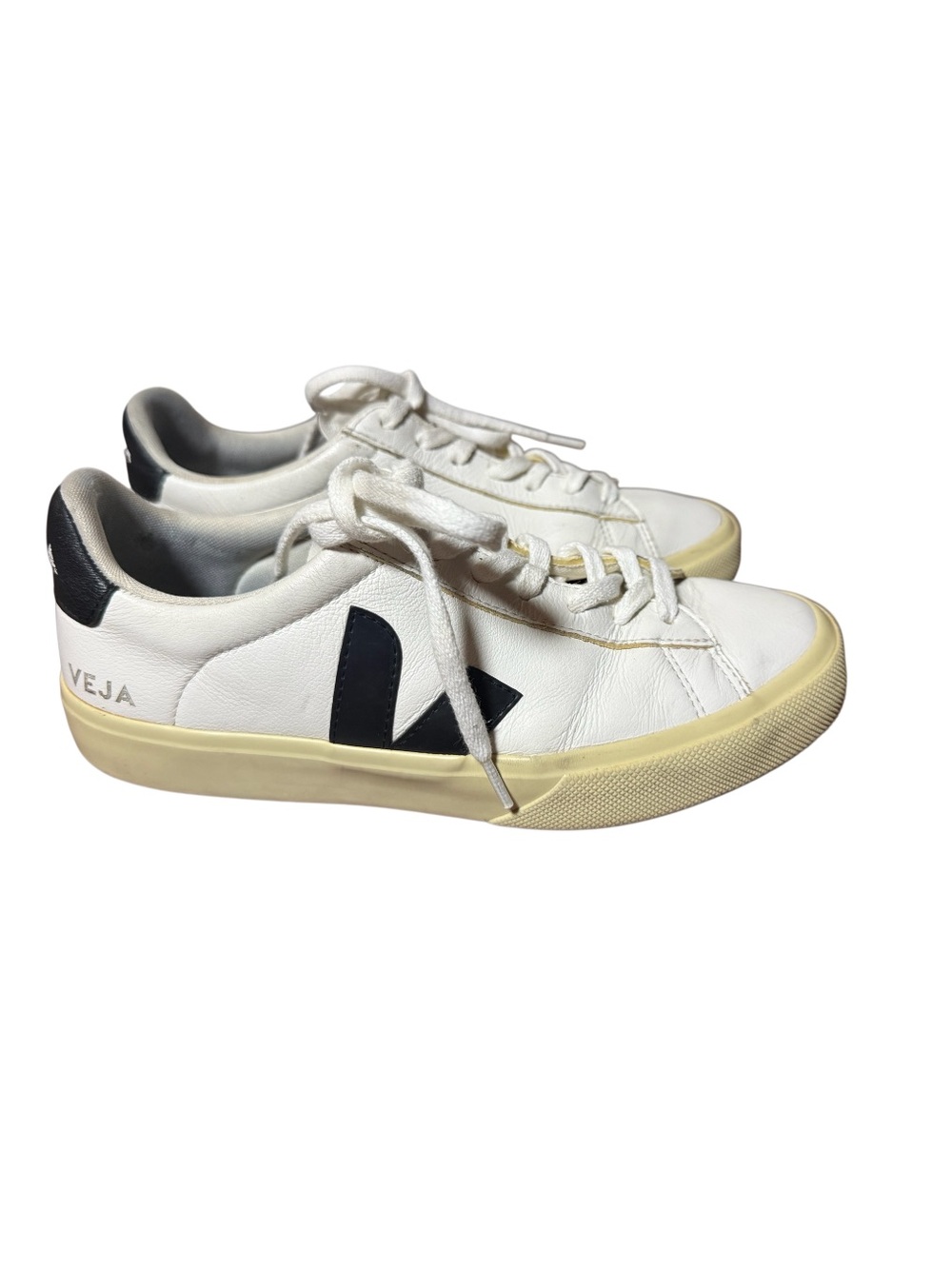 Veja Campo White Leather Low-Top Sneakers with Black V Accent-Size 9
